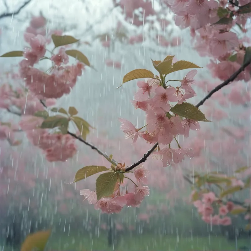 Pink cherry blossoms cluster on dark branches while steady rain falls softly in the background.