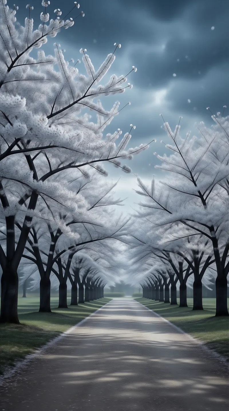 White Blossom Avenue Under Cloudy Sky