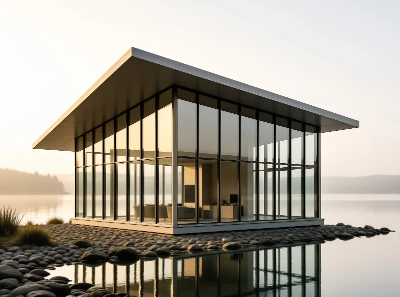 A glass-walled lake house glows warmly on a pebble shore as dawn mist drifts over still water.