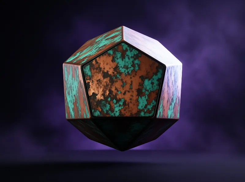 A weathered die with orange rust and green patina floats against a blurred purple background with high contrast lighting.