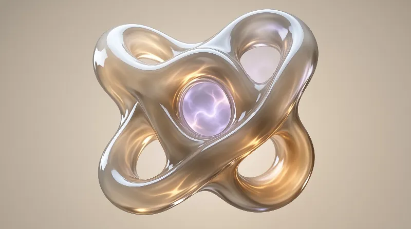 Translucent twisted glass form cradles a glowing purple orb against a warm beige backdrop