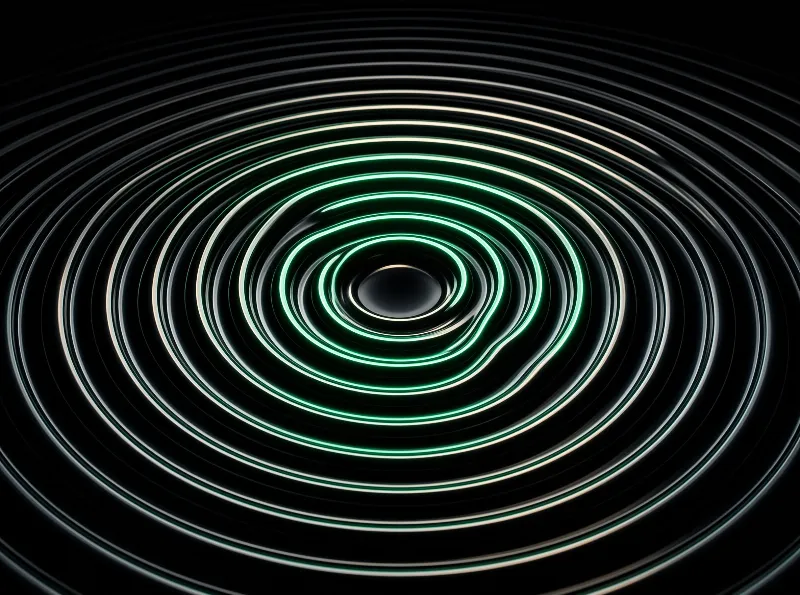 Luminous green and white circular lines form a spiral pattern against a deep black background.