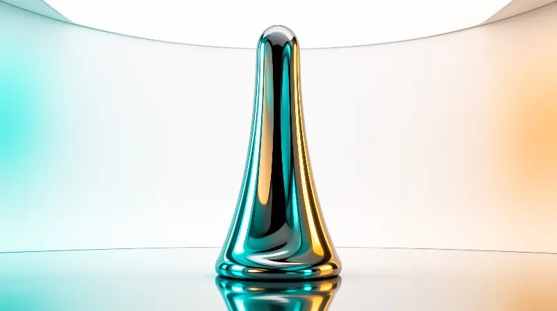 A glossy metallic cone stands centrally on a mirror-like surface reflecting teal and gold ambient light.
