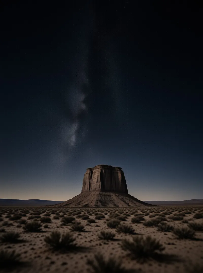 A flat-topped rock formation rises from a sandy desert while countless stars and the Milky Way glow in the dark sky.