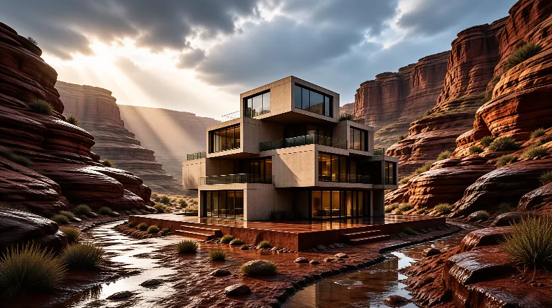 A contemporary house sits amidst red rock formations in a canyon while dramatic sunbeams stream through clouds.