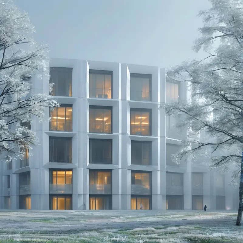 A white building stands in a foggy winter landscape with frosted trees and warm interior lights visible through the windows.