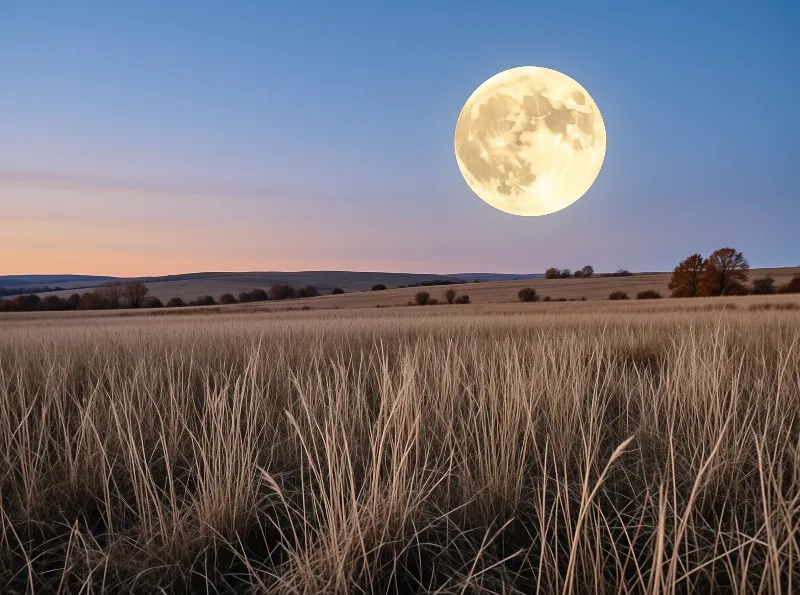 A large glowing full moon hangs in the twilight sky above a wide field of dry golden grass with distant rolling hills.