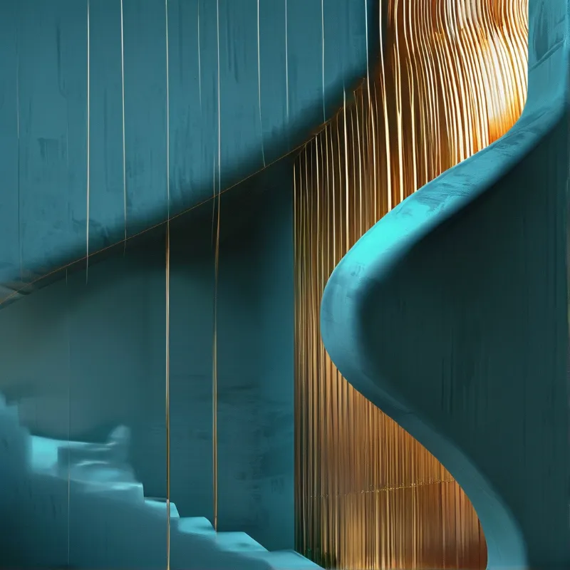 Smooth teal slabs curve around a curtain of fine golden wires, with pale steps fading into shadow below.