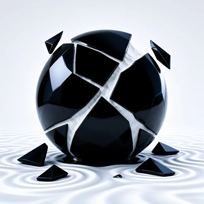A glossy black sphere split by glowing white seams sheds angular shards onto rippled pale sand.