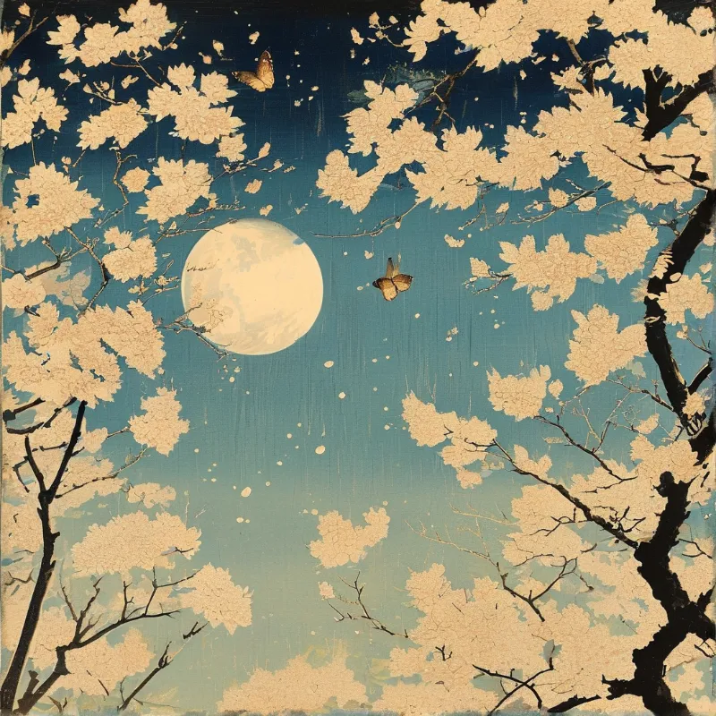 Framed cherry blossoms surround a luminous full moon while butterflies drift through pale petals against a gradient night sky