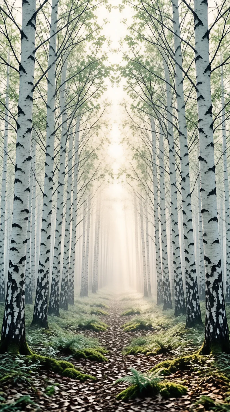 Pale birch trunks line a leaf strewn trail that fades into a luminous mist deep in the woods.