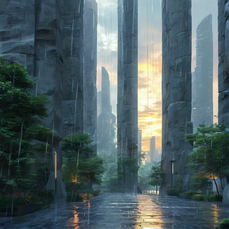 Huge stone pillars line a wet road while rain falls against a backdrop of golden sunset clouds.