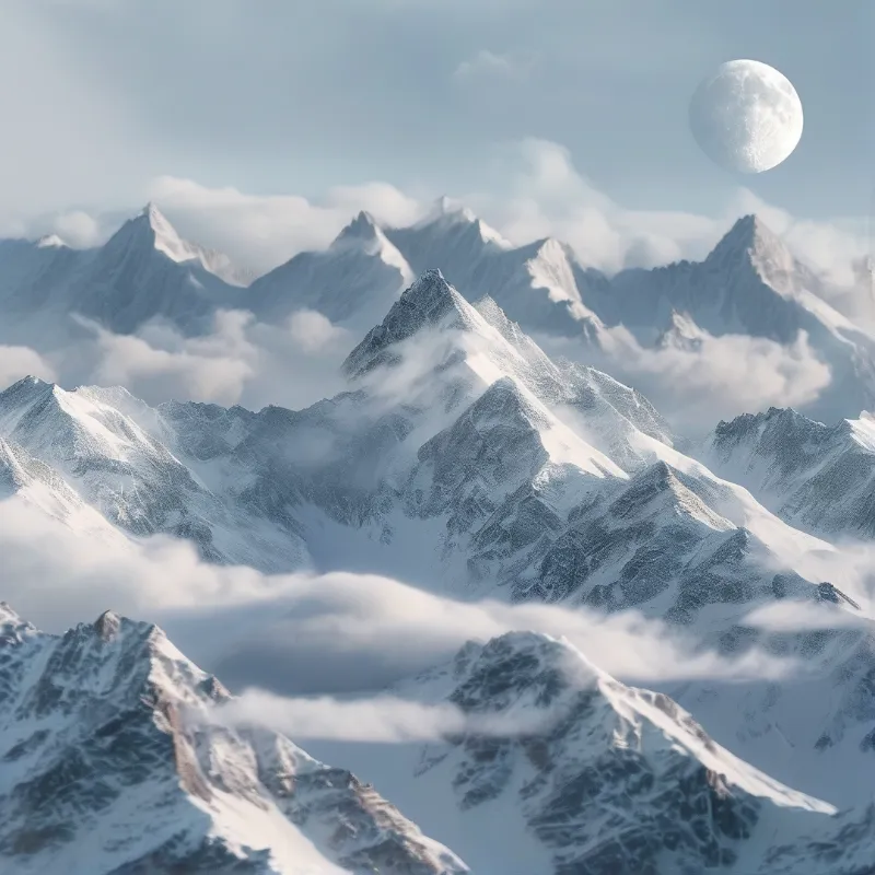 Snowy Peaks and Large Moon