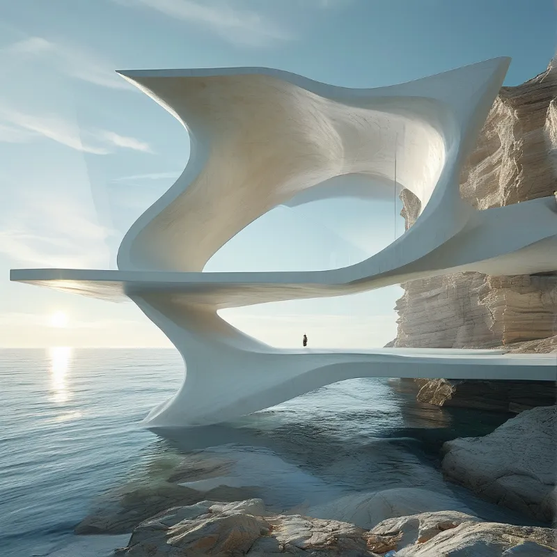 A massive white curved structure extends over the ocean beside beige cliffs with sunlight reflecting on the water.