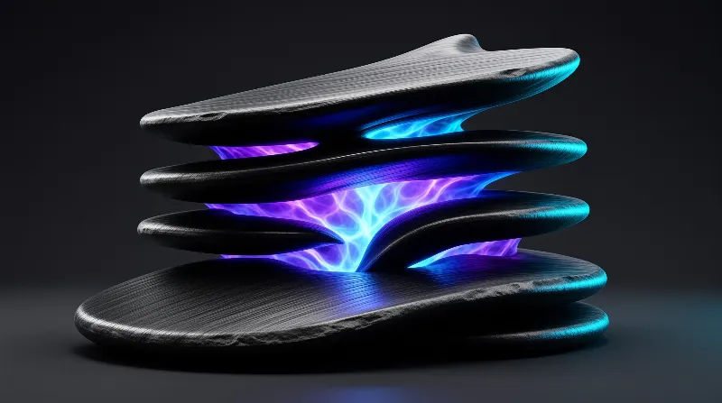 A set of smooth dark grey stacked zen stones sits on a dark surface, with vivid blue and purple light glowing through the gaps between them.