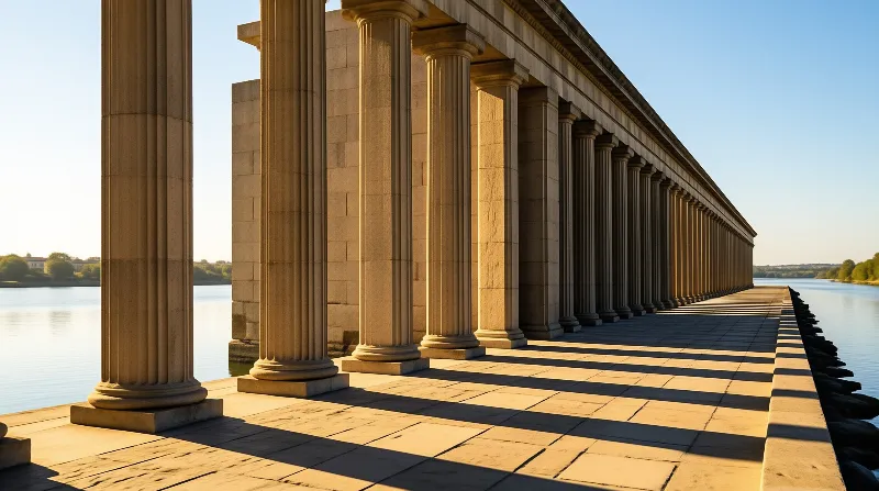 Tall sandstone columns line a riverside walkway casting long shadows across the pavement under warm morning light.