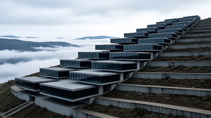 A cascade of flat glass volumes steps up a grassy slope above a sea of low clouds.