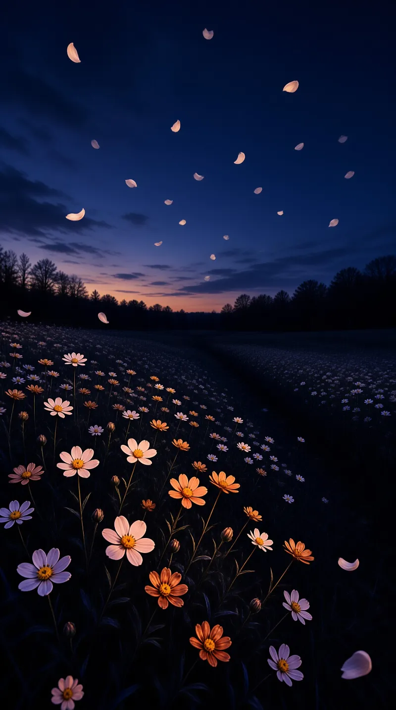 Cosmos flowers bloom in a dark field under a twilight sky while pale petals float in the air.