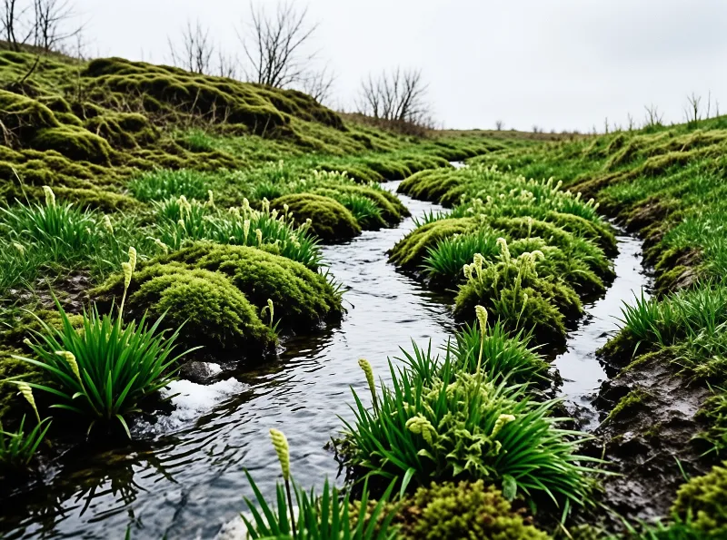 A narrow stream meanders through vivid green mossy mounds and tufted grasses under an overcast sky