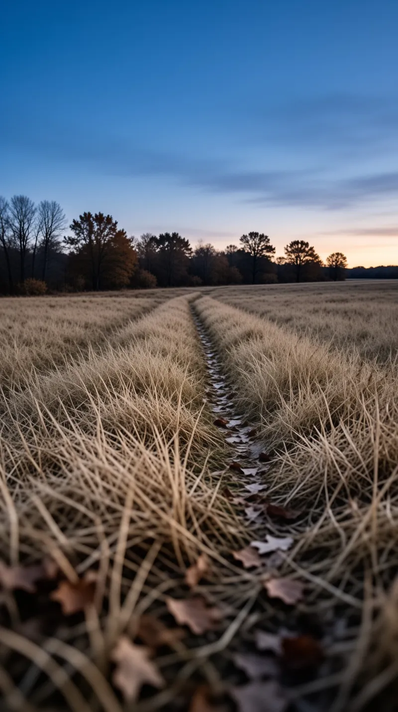 A narrow trail of dry leaves winds through golden field grass toward a dark treeline beneath a blue and orange twilight sky.