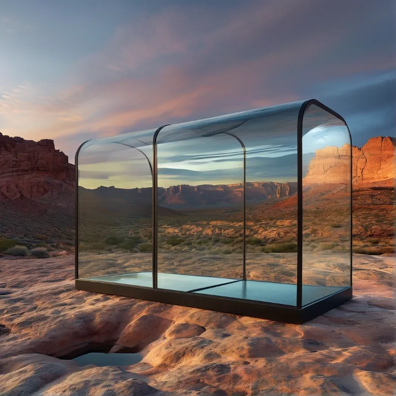 Transparent glass structure on rocky desert plateau reflecting warm sunset sky and distant red rock formations.