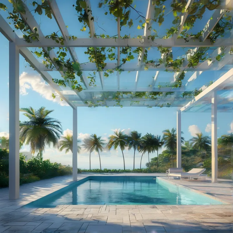 A white pergola with vines covers a pool surrounded by palm trees under a bright blue sky with clouds.