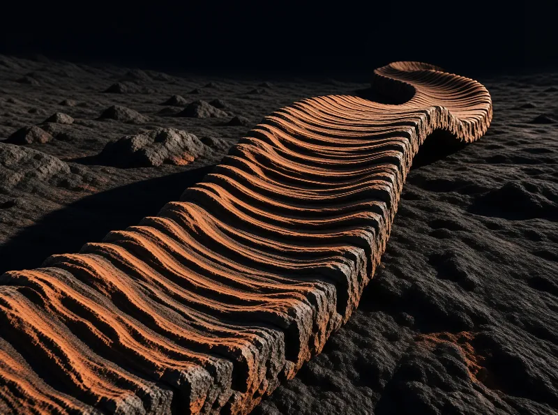 A winding formation of layered rock glows orange against a shadowy, uneven black surface.