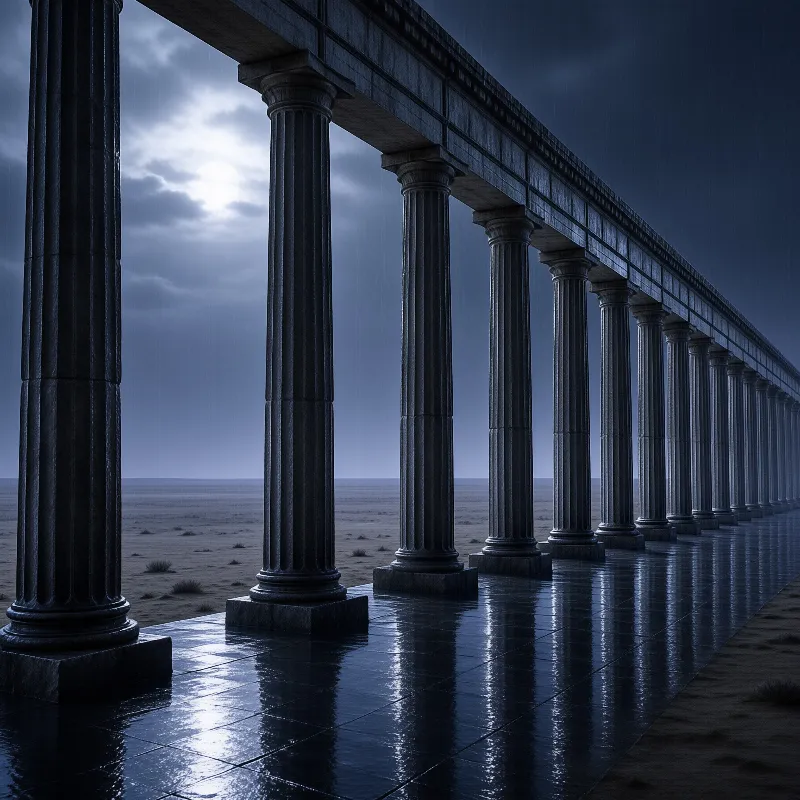A long row of dark stone pillars stands on a wet paved surface next to a sandy desert under a dim overcast sky.