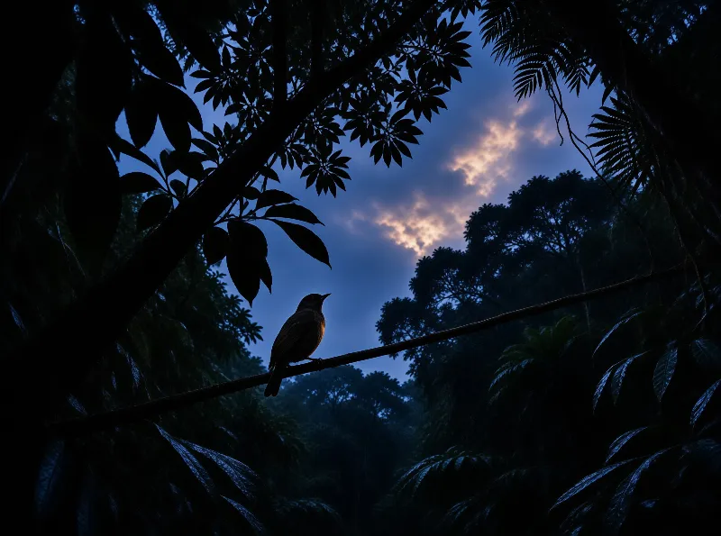 A small bird sits on a branch amidst dark foliage while pink clouds glow in the blue evening sky over trees.