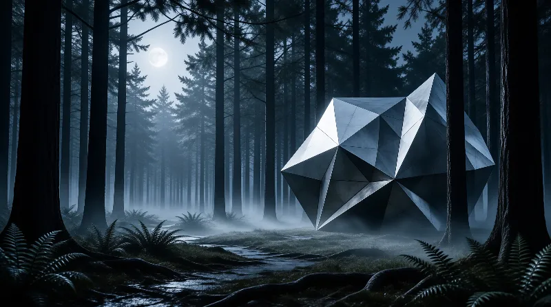 A large faceted metallic geometric object rests on the ground of a foggy pine forest at night, lit by a full moon.