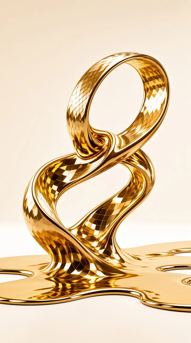 A faceted golden ribbon twists upward from a smooth reflective liquid base.