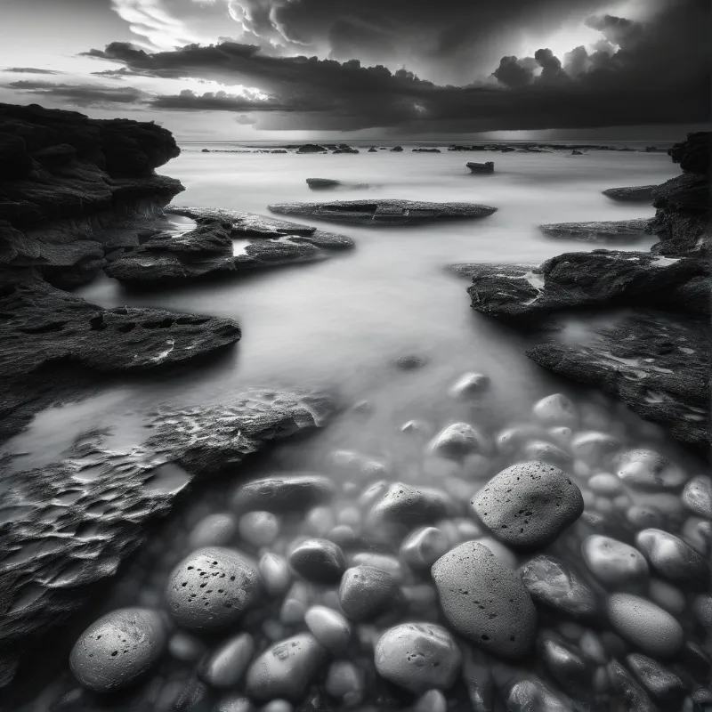 Monochrome view of a rocky coastal shore with smooth water between pitted stones under cloud cover with sun piercing through