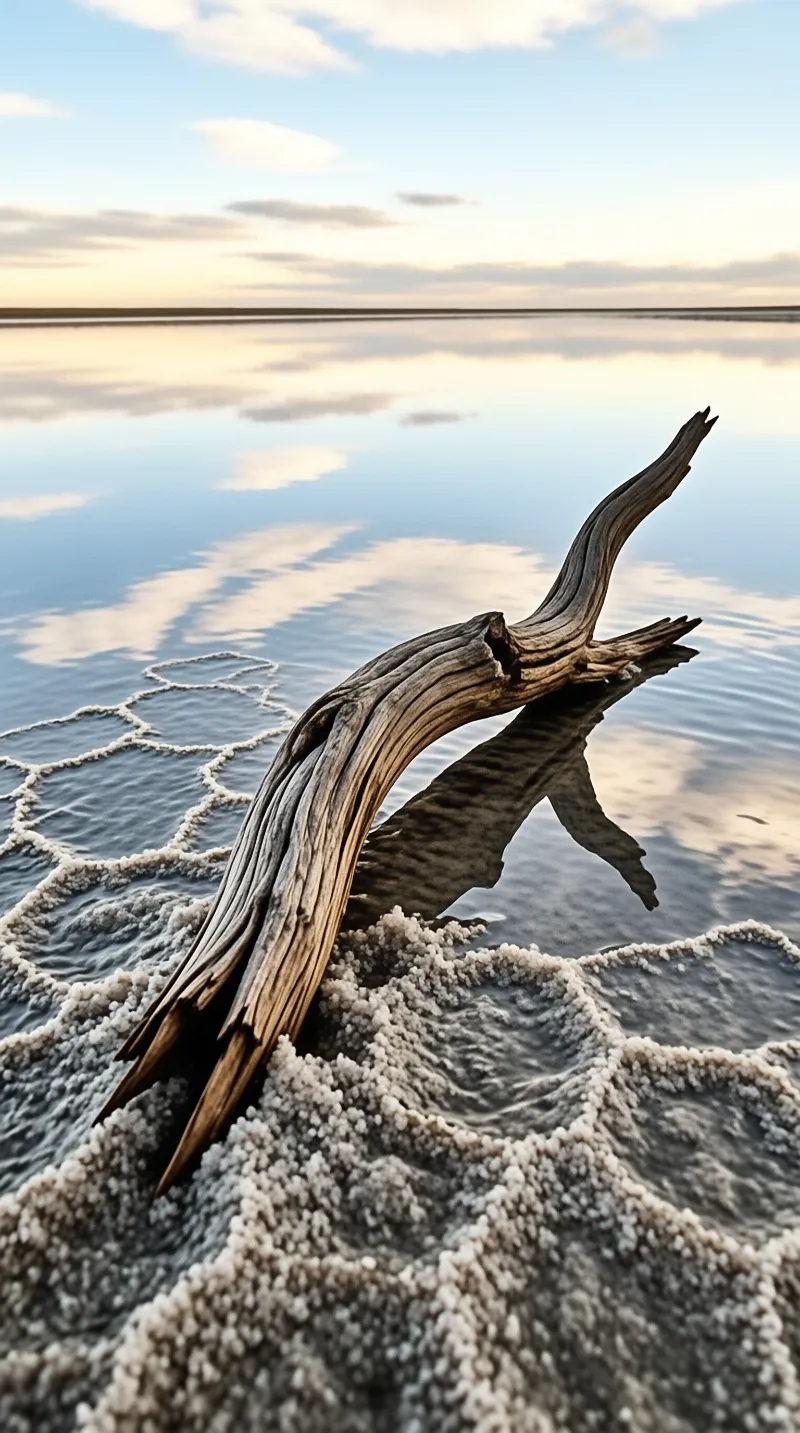 A piece of weathered driftwood lies curved across hexagonal salt crystals near calm water reflecting a soft sky.