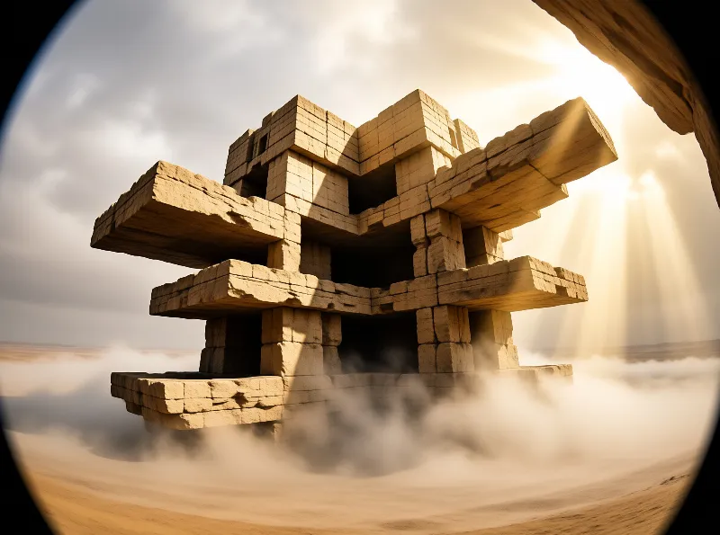 A multi-tiered stone structure hovers above ground fog in a desert under bright sun rays cutting through a cloudy sky