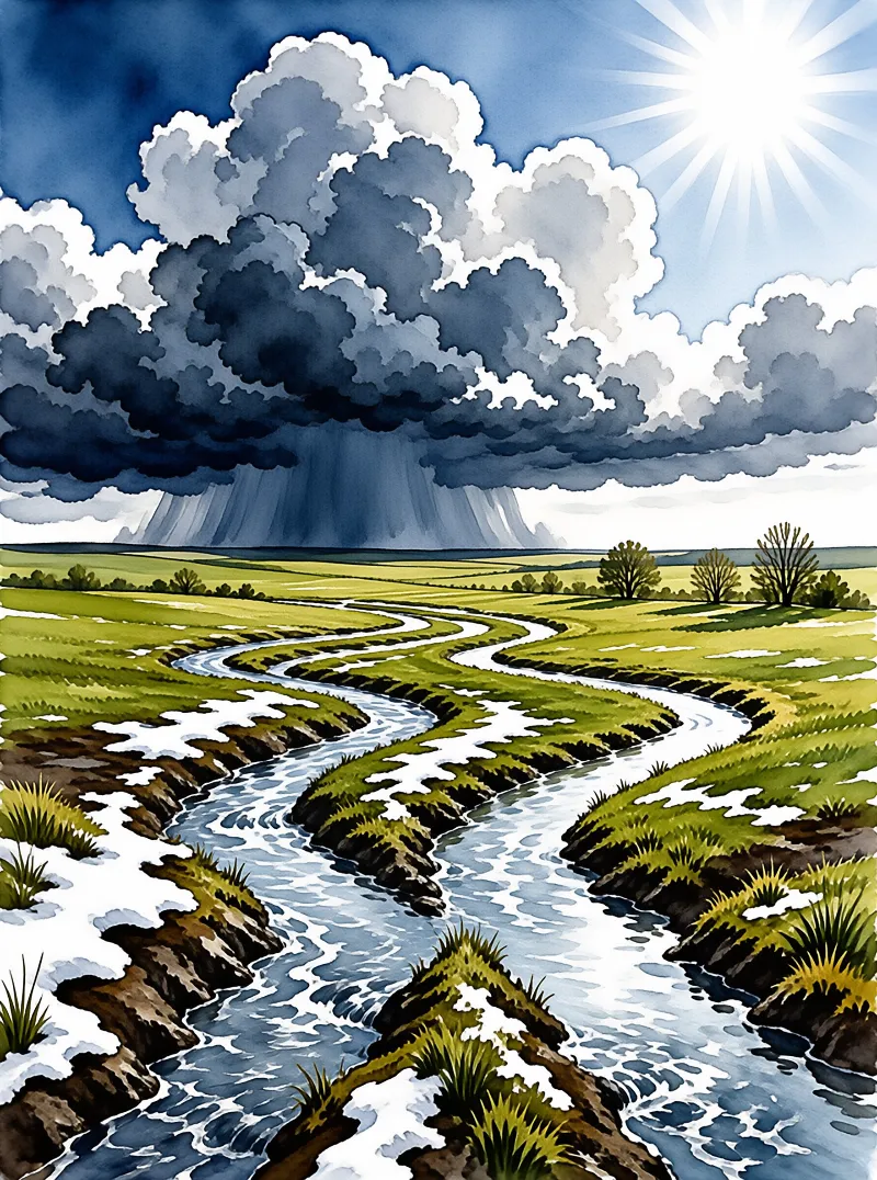 A winding braided river cuts across green grassland, dark storm clouds sit low as bright sun shines over the flooded valley.