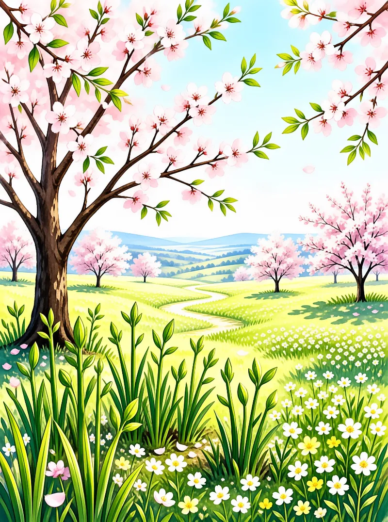 Vibrant pink blossoms hang over a grassy field where a white path winds toward distant blue hills.