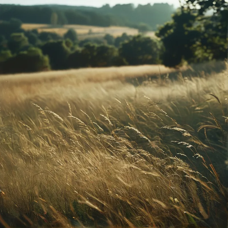 Warm sunlit tall golden grass flows across a hilly countryside, with soft hazy distant trees and fields behind it.