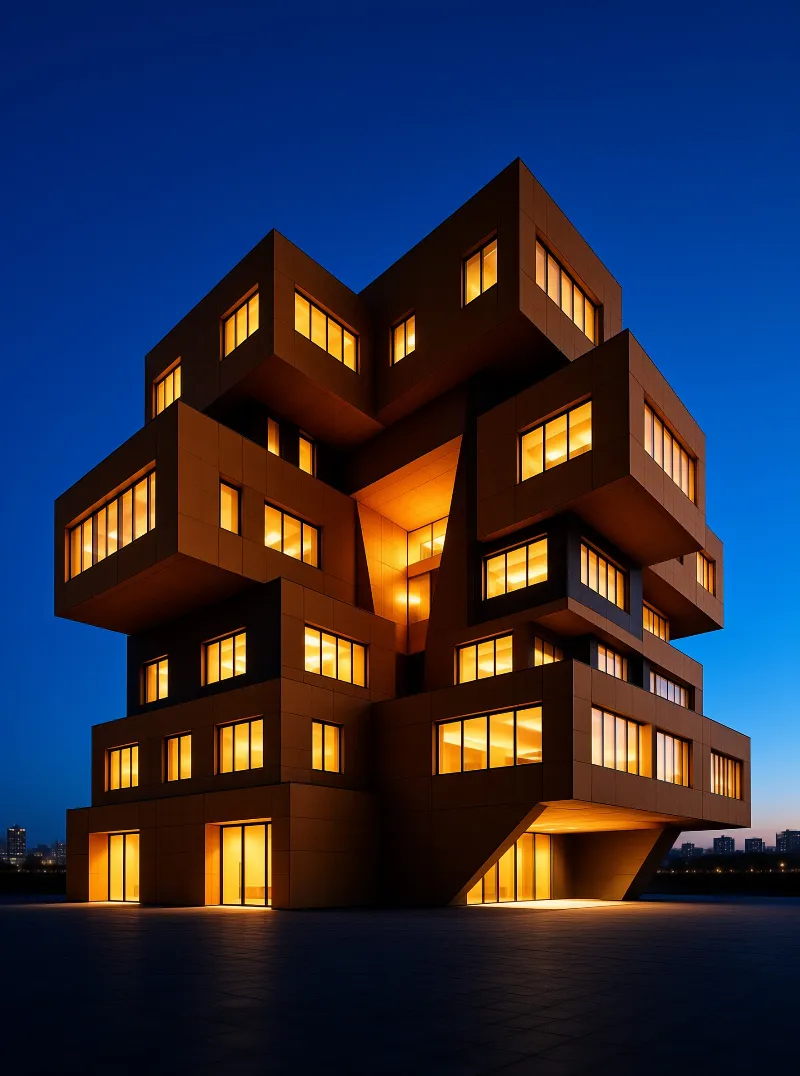 A stack of offset cubic building volumes glows with warm amber window light against a deep blue twilight sky.