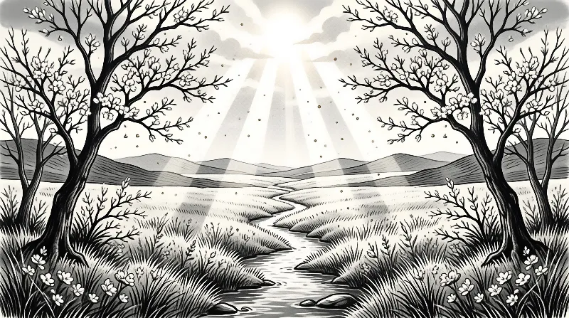 Blooming trees flank a winding stream in a grassy field while bright sunbeams cut through the clouds above distant hills.