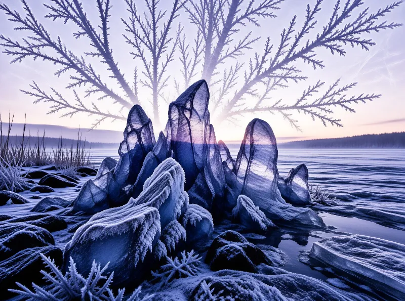 Translucent ice spires rise from the frozen water while frosted bare trees frame the pale twilight horizon behind them.
