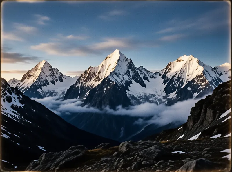 Snowy summits rise above clouds, with sunlight highlighting the white peaks against a blue sky and dark foreground rocks.