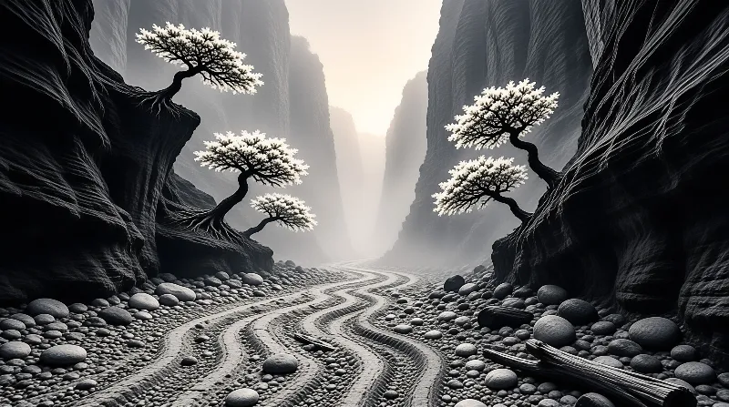 Black and white canyon with white blossoming trees on rocks and a winding dirt road through fog