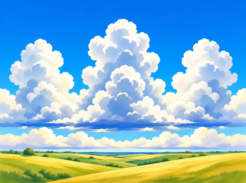 Expansive golden fields and green hills stretch toward a horizon filled with fluffy white clouds under a bright blue sky.