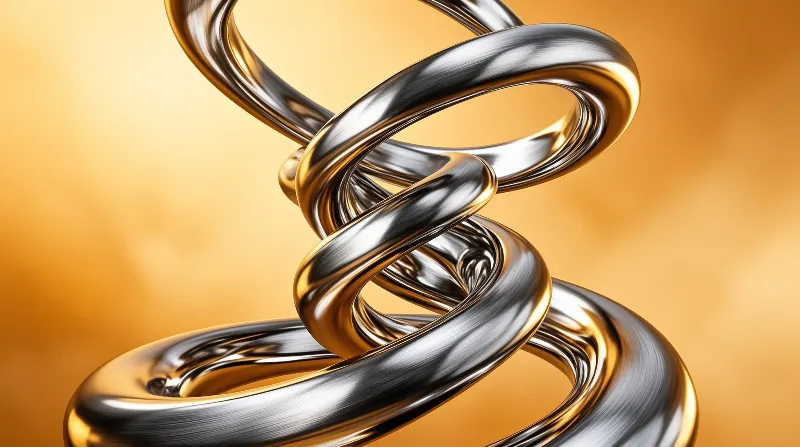 A shiny metallic structure resembling a twisted helix floats against a blurred background of warm yellow and orange tones. The surface reflects light with bright white highlights and dark shadows, creating a sense of depth and fluid motion within the composition.