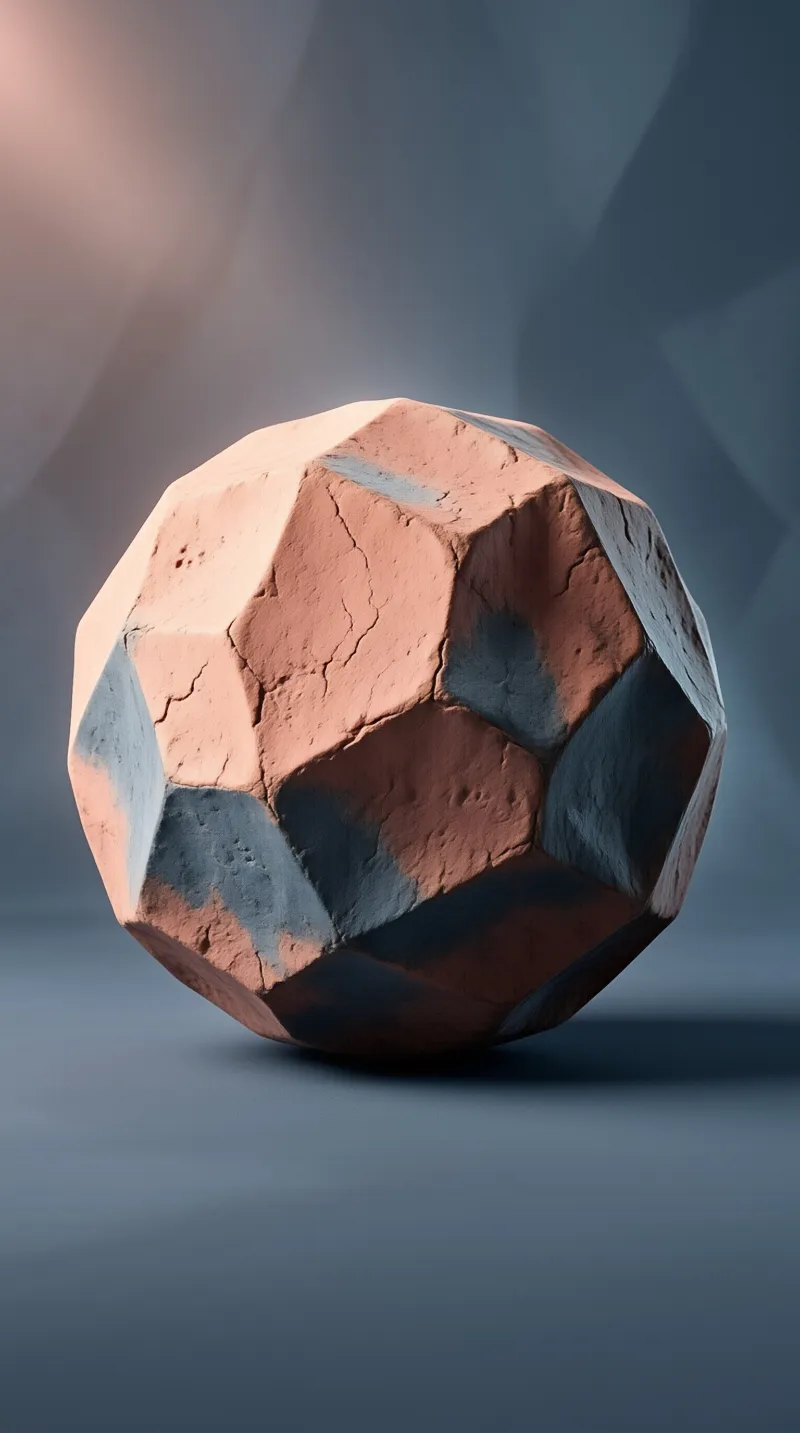 This textured clay-like shape features warm orange facets and cool blue shadows within a minimalist composition.