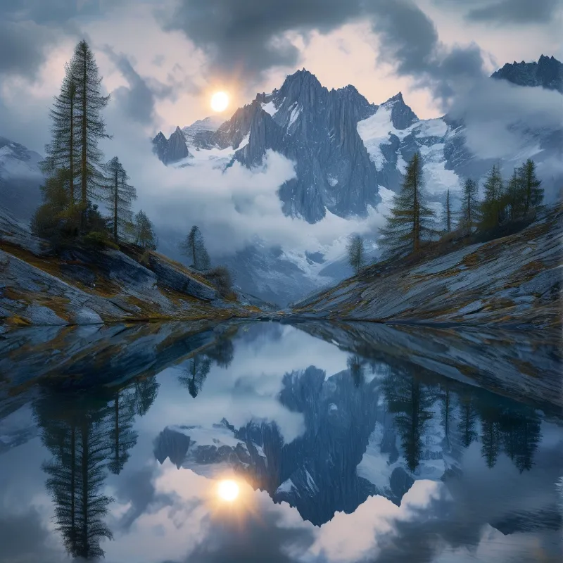 Sharp snow-covered mountain peaks rise above swirling clouds while their reflection appears in a still body of water below.