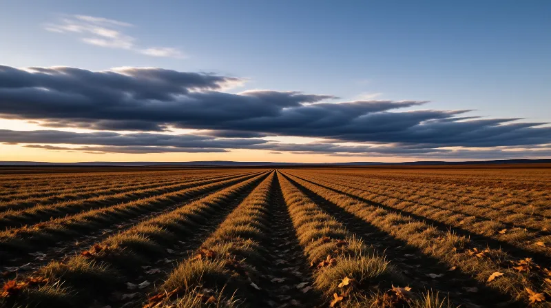 A vast expanse of grass rows stretches toward the horizon under dark clouds and golden sunset light.