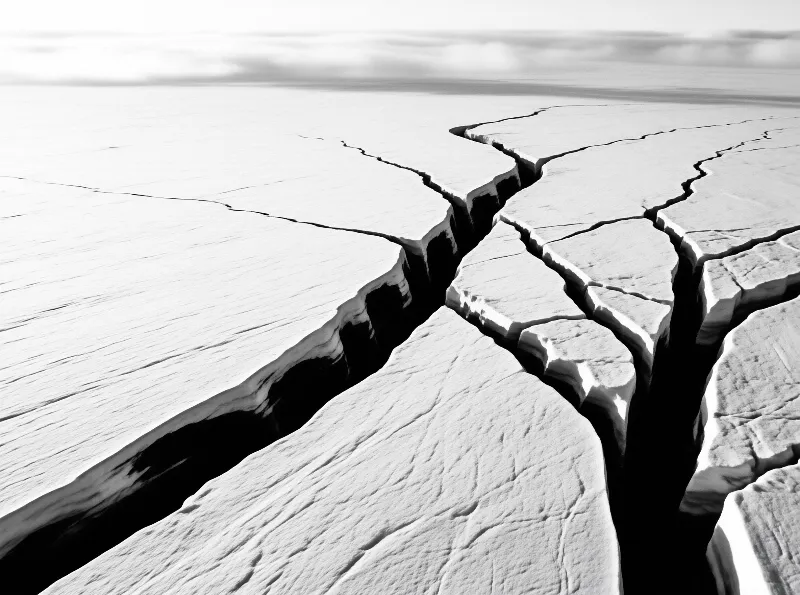 Monochrome view of a cracked salt flat with deep dark fissures cutting across the bright ground under a hazy horizon.