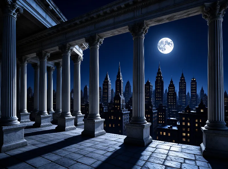 A row of classical stone pillars stands before a dark city skyline illuminated by the bright full moon.