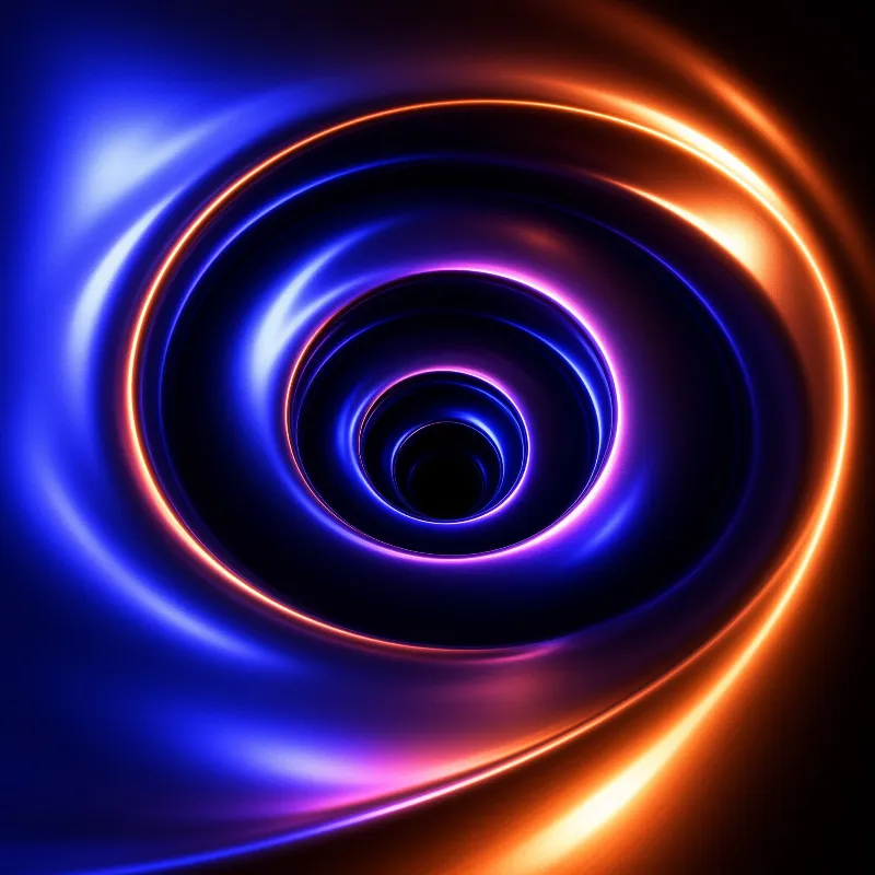 A deep tunnel of luminous rings curves toward a black center, with electric blue on one side and fiery amber on the other.